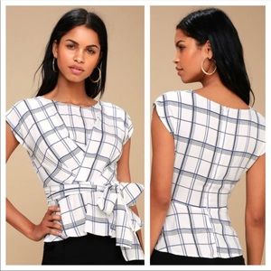 Lulu's 'Quentin' Grid Print Peplum Top | White | Size Small